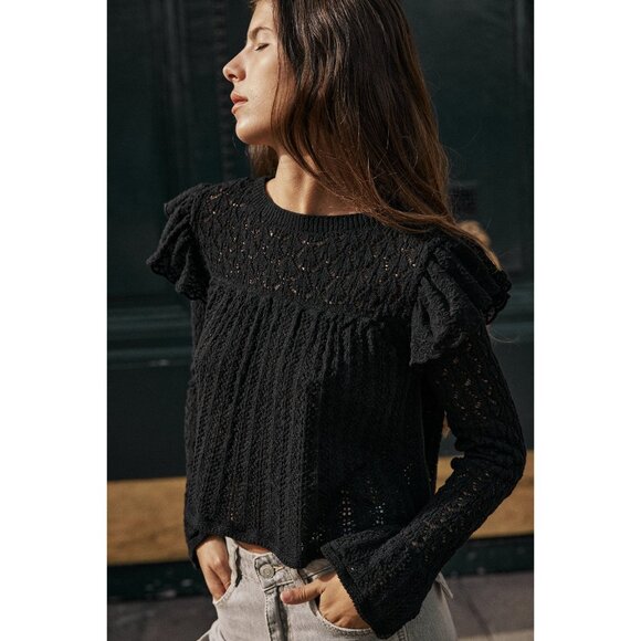 Zara Black Pointelle Ruffle Long Sleeve Semi Crop Top - Picture 2 of 10